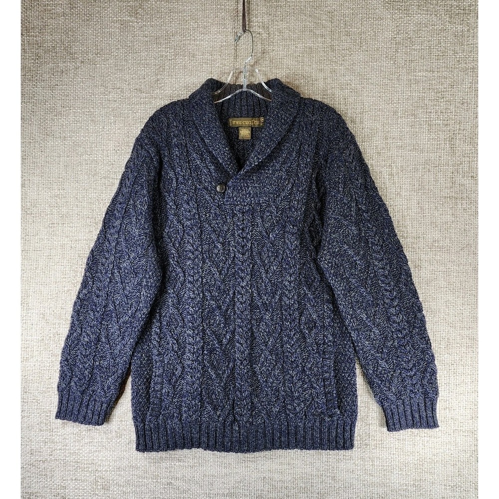 Inis Crafts 100% Merino Wool Shawl Collar Sweater Mens M Navy Blue‎ Pockets